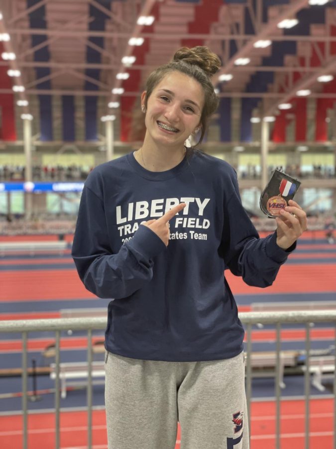 Isabelle Cavins not only qualified for states at Liberty University this past winter, she set a personal record in the 55m with a time of 7.42 (breaking her own school record) and placed 5th overall. Photo courtesy of Isabelle Cavins.