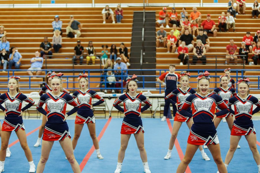 Morgan Meredith, Ashlyn Leatherwood, Bailey Allen, Kira Thomas, Zoey Smith, Hailey Marquise, Kallyn Odom and Emmy Owens are just some of the hard working District Champion cheer squad. Photo courtesy of the yearbook staff.  